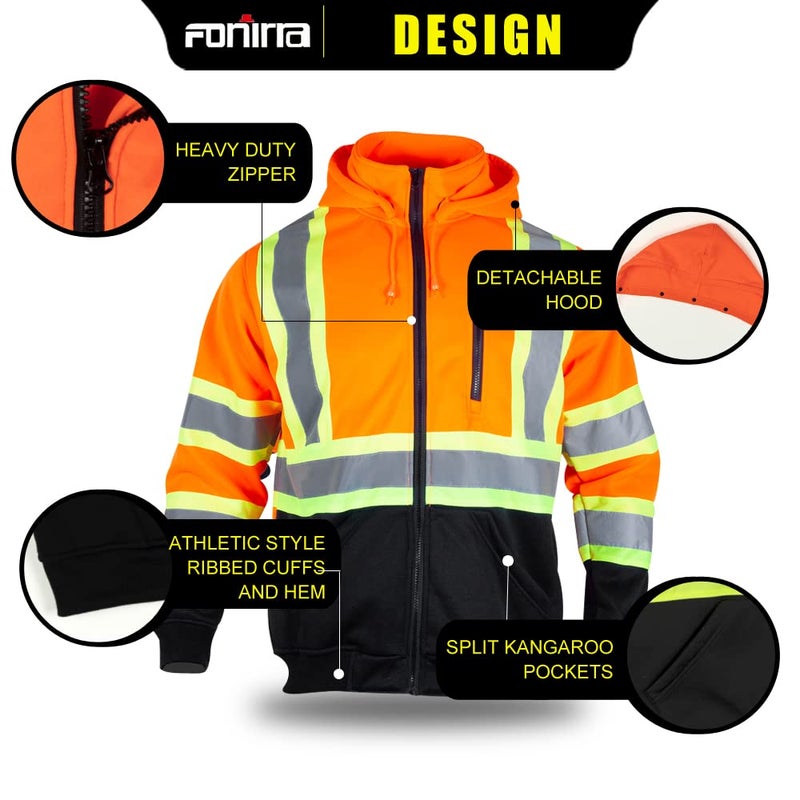 FONIRRA Hi Vis Safety Fleece Zip Hoodie for Men Reflective Sweatshirts ANSI Class 3 Jackets Detachable Hood (Orange,L) - Image 3