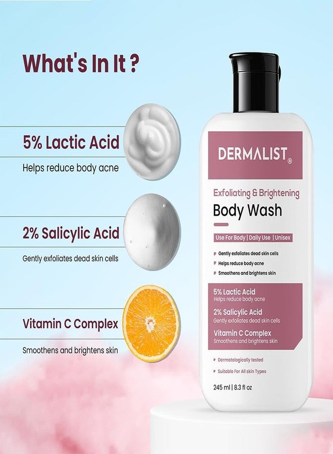 Dermalist Exfoliating & Brightening Body Wash 5% Lactic Acid + 2% Salicylic Acid + Vitamin C and De-Tan Shower Gel For Men & Women Reduces Body Acne & Dead Skin (Pack of 2) - Image 2