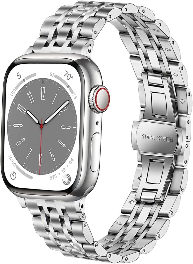 DEALELE Strap Compatible with iWatch 42mm 44mm 45mm 49mm, 7-Rows Stainless Steel Metal Replacement Bands for Apple Watch Series 8/7 / 6/5 / 4/3 / SE/Ultra Women Men (Silver)