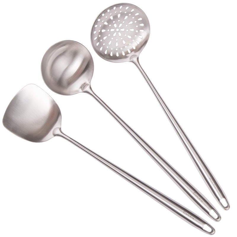 17 Wok Spatula and Ladle Skimmer Spoon  304 Stainless Steel Wok Tools Set 3Pieces Extra Long Handle Cooking Tools All Metal Wok Utensils and Wok Accessories for Cast IronCarbon Steel Wok