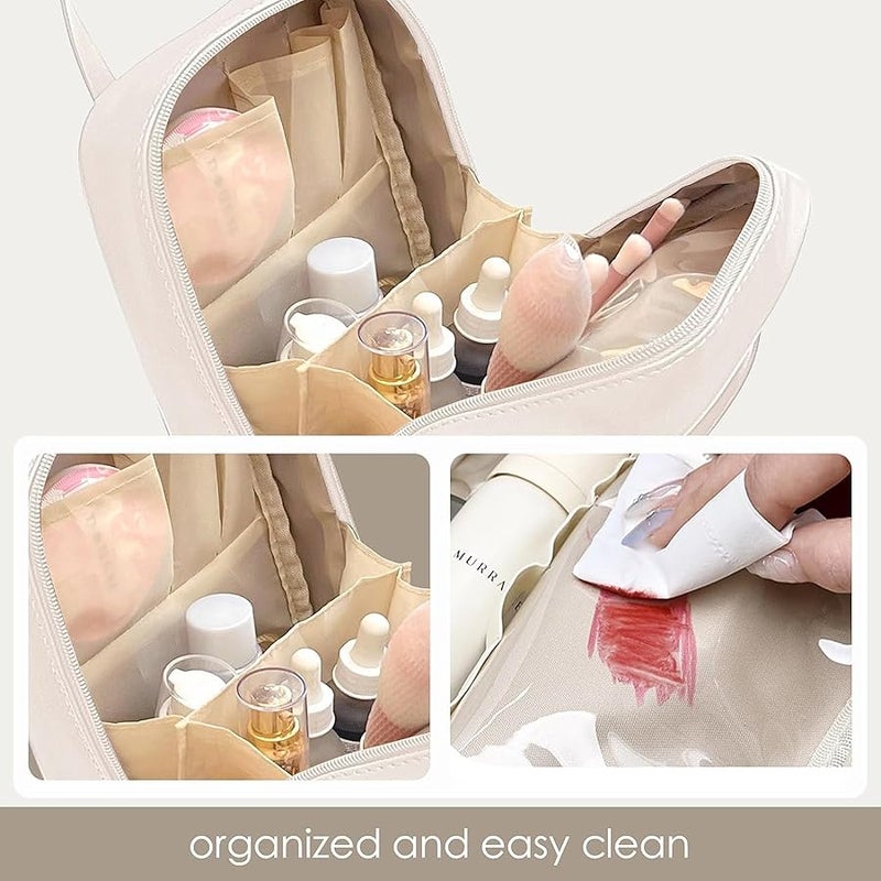Travel Makeup Bag, Large Capacity Cosmetic Bags, Waterproof Portable Pouch, Open Flat Toiletry Bag Make up Organizer with Divider and Handle for Women and Girls (White) - Image 5