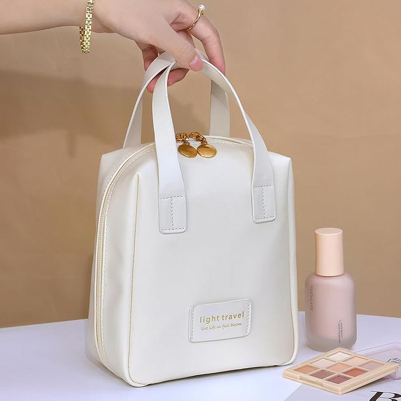 Travel Makeup Bag, Large Capacity Cosmetic Bags, Waterproof Portable Pouch, Open Flat Toiletry Bag Make up Organizer with Divider and Handle for Women and Girls (White) - Image 2
