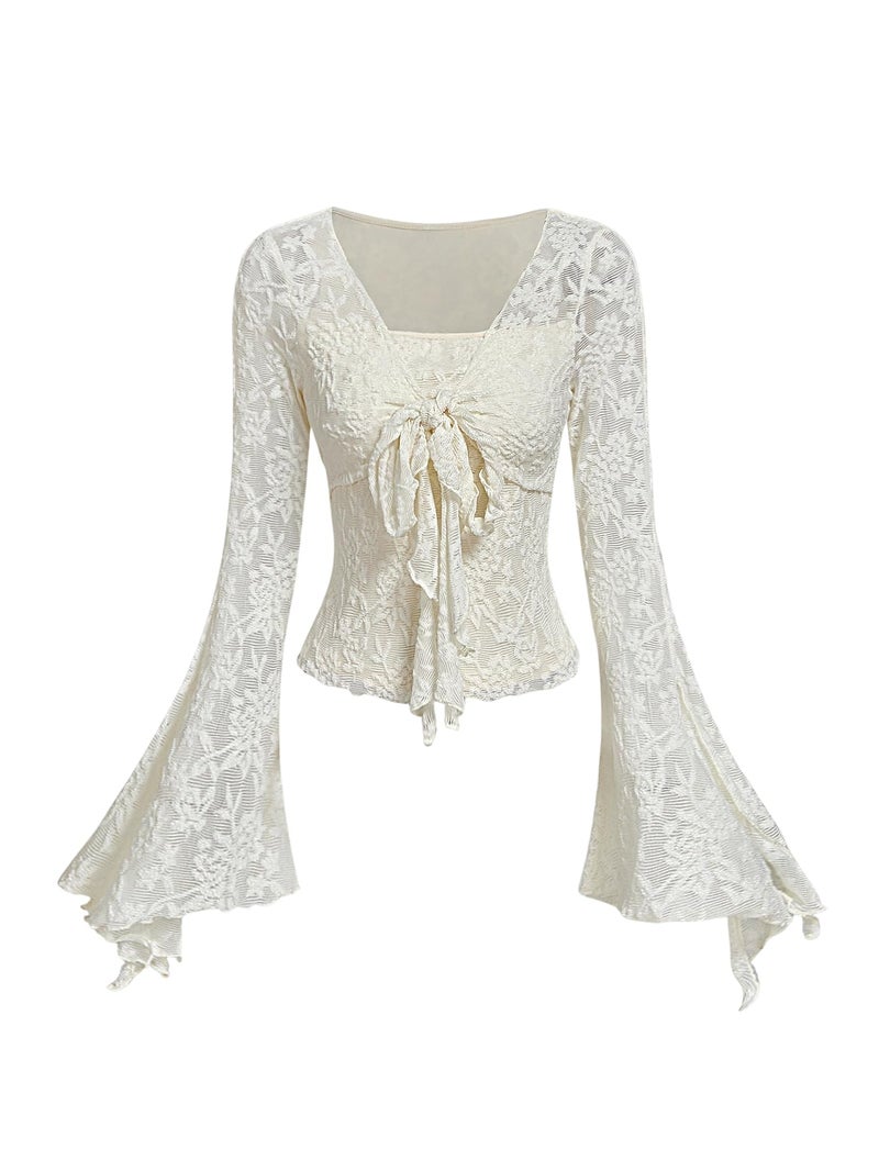 Verdusa Women's Y2K Cute Bell Sleeve Tops Floral Print Mesh Summer Long Sleeve Going Out Tops 2000s Clothing Beige Medium - Image 1