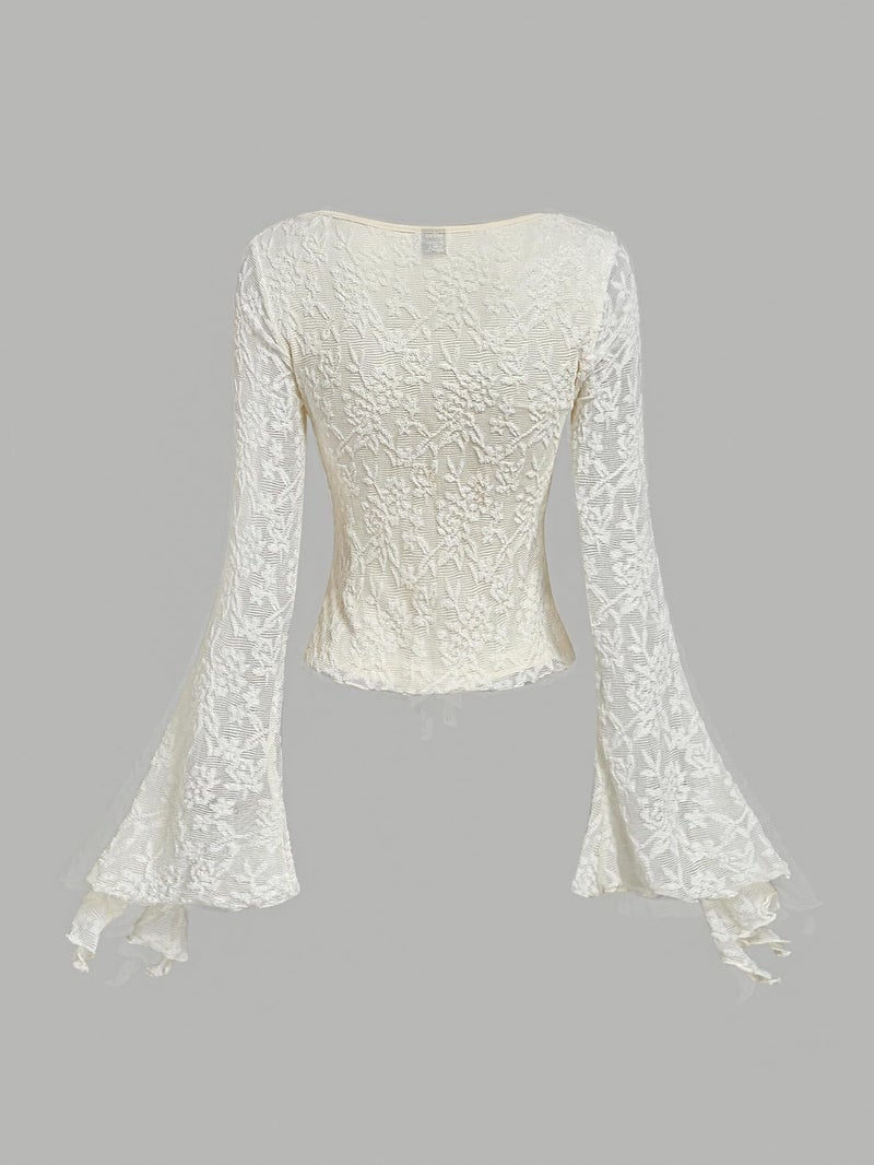Verdusa Women's Y2K Cute Bell Sleeve Tops Floral Print Mesh Summer Long Sleeve Going Out Tops 2000s Clothing Beige Medium - Image 3