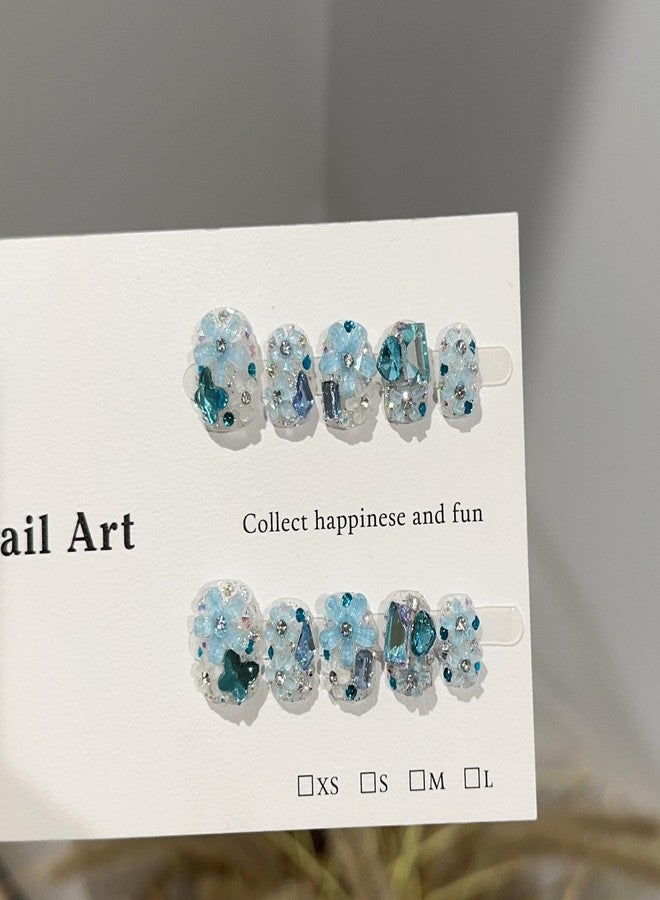 JIEADJIE Press On Nails (100% Handmade),Short-Medium T,Handmade Painted Nail Art by Nail Technician,Daily Version (Blue Full Diamond Flower, Medium) - Image 5