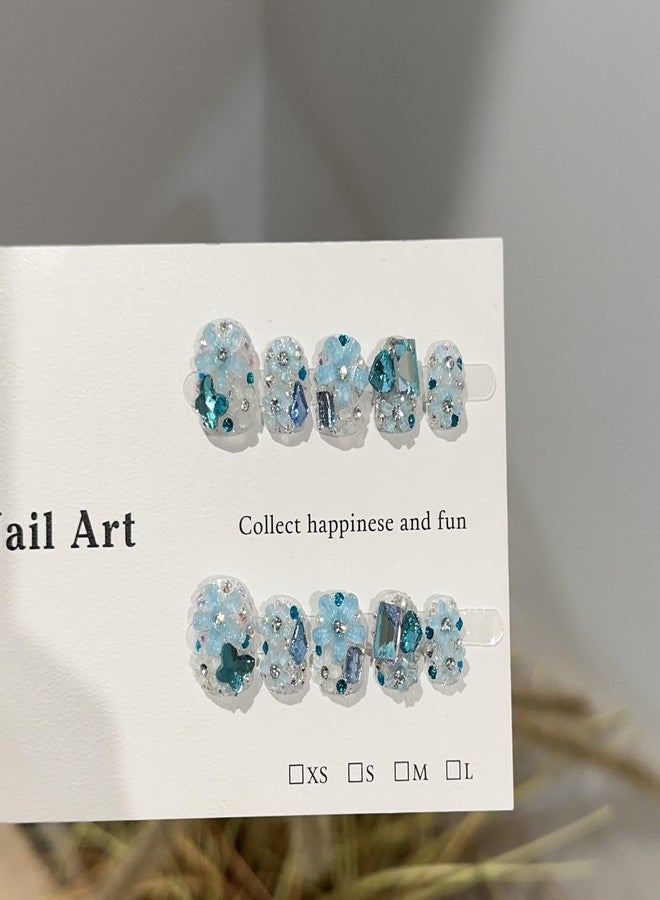 JIEADJIE Press On Nails (100% Handmade),Short-Medium T,Handmade Painted Nail Art by Nail Technician,Daily Version (Blue Full Diamond Flower, Medium) - Image 2