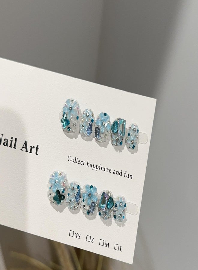 JIEADJIE Press On Nails (100% Handmade),Short-Medium T,Handmade Painted Nail Art by Nail Technician,Daily Version (Blue Full Diamond Flower, Medium) - Image 4