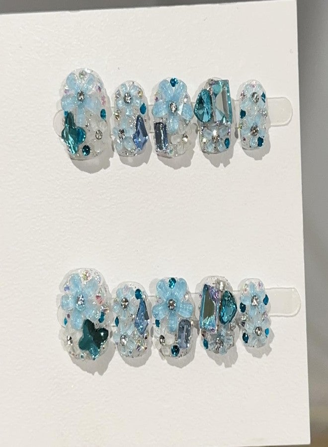 JIEADJIE Press On Nails (100% Handmade),Short-Medium T,Handmade Painted Nail Art by Nail Technician,Daily Version (Blue Full Diamond Flower, Medium) - Image 1