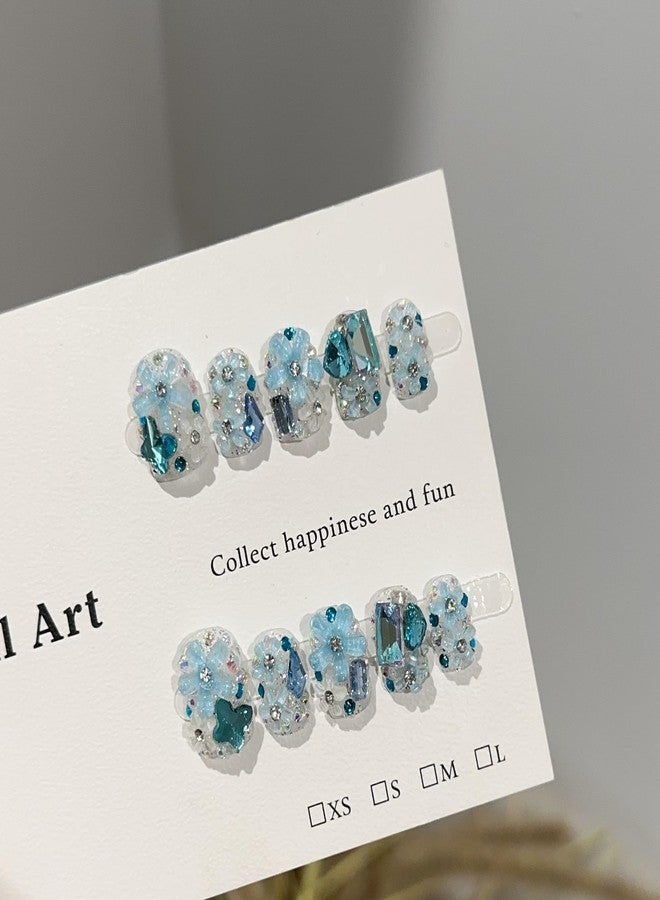 JIEADJIE Press On Nails (100% Handmade),Short-Medium T,Handmade Painted Nail Art by Nail Technician,Daily Version (Blue Full Diamond Flower, Medium) - Image 3