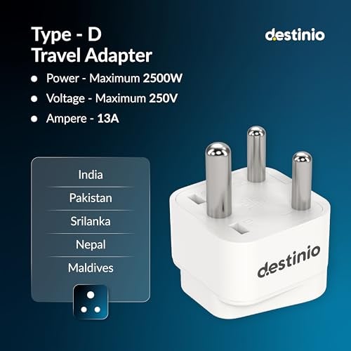 Destinio محول السفر العالمي ديستينيو من نوع D | محول من العالم إلى الهند | متوافق مع الولايات المتحدة وكندا والمملكة المتحدة وأوروبا وأستراليا والصين | معتمد من CE ومتوافق مع ROHS | مقبس واحد 10A 250V (عبوة من 2 عبوات) - Image 2