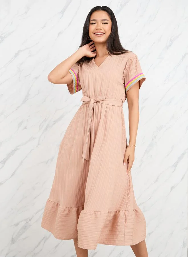 Styli Lace Embroidered Short Sleeves A-Line Midi Dress with Self Tie Up