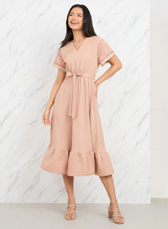 Styli Lace Embroidered Short Sleeves A-Line Midi Dress with Self Tie Up