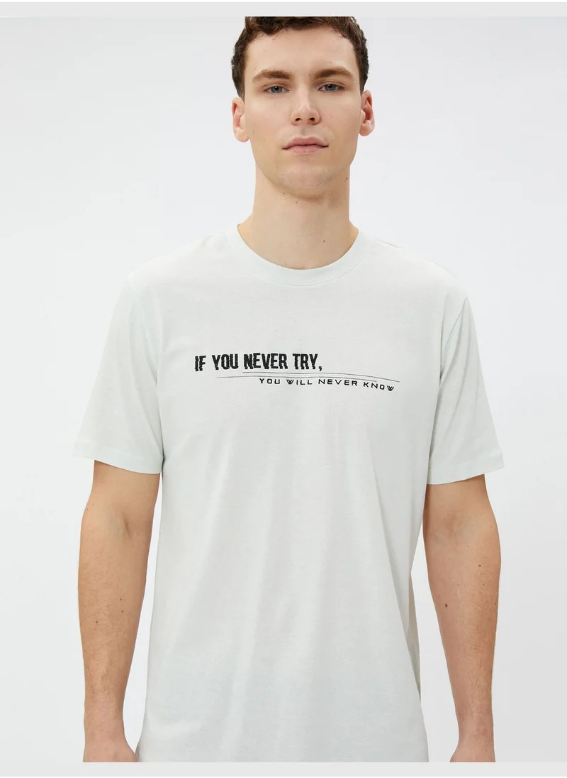 كوتون Basic T-Shirt Slogan Printed Crew Neck Short Sleeve