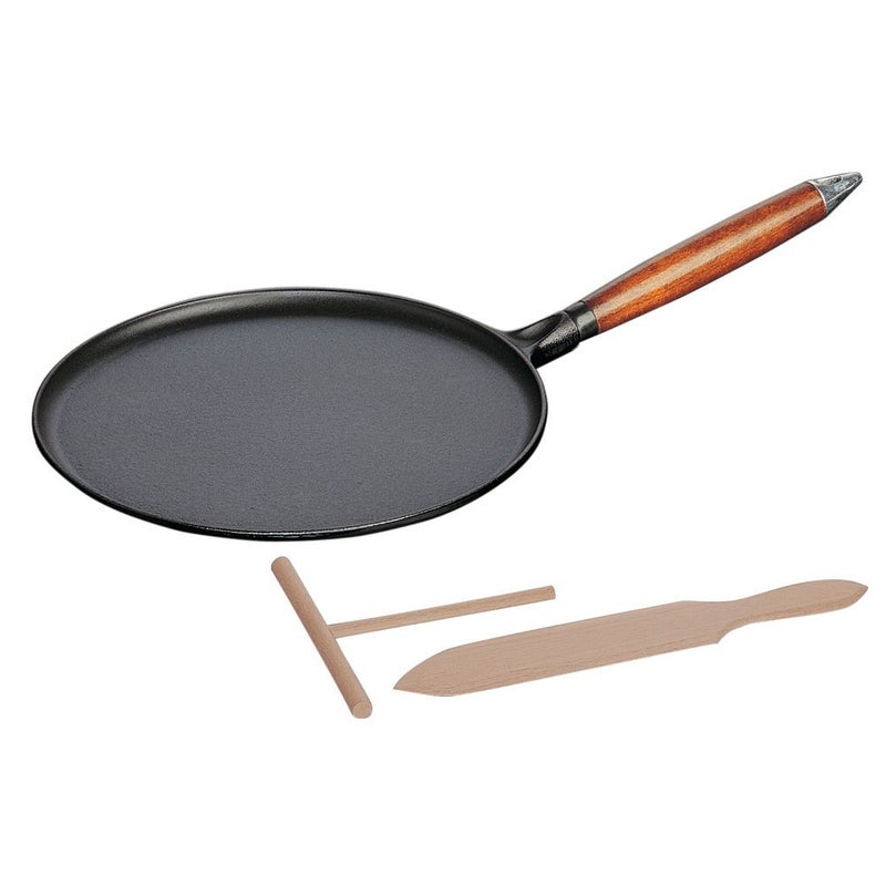 Staub Cast Iron 11inch Crepe Pan with Spreader Spatula Matte Black Made in France