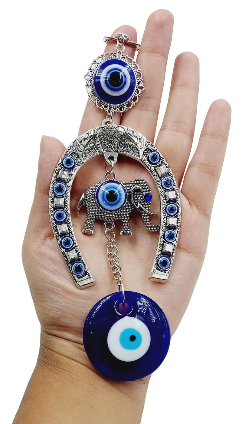 ARTISKRITI Evil Eye Hanging for Home Entrance, Car Mirror, House Door Decoration, Horseshoe with Elephant Figurine Nazar Battu for Home Protection, Good Luck Charm (Horseshoe with Elephant) - Image 1