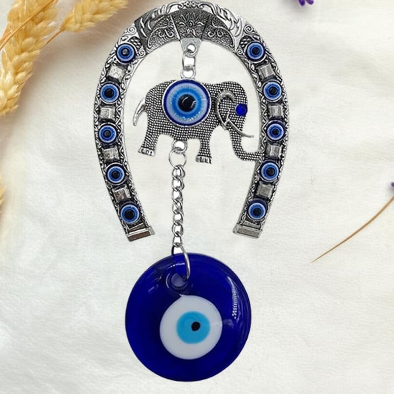 ARTISKRITI Evil Eye Hanging for Home Entrance, Car Mirror, House Door Decoration, Horseshoe with Elephant Figurine Nazar Battu for Home Protection, Good Luck Charm (Horseshoe with Elephant) - Image 2