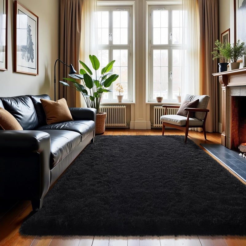 HOMORE Bedroom Rug 3x5 Black Rugs for Living Room, Luxury Fluffy Area Rugs for Indoor Entrance, Non Slip Kids Rug for Nursery Girls Boys Dorm - Image 1