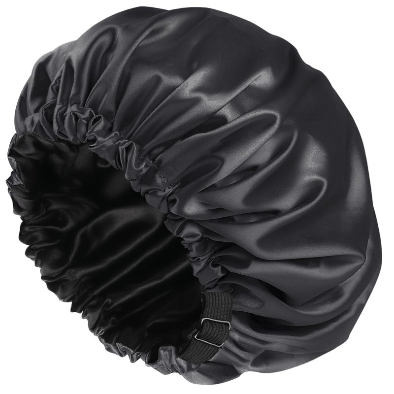 Amamba Shower Caps Silk Lined Shower Cap for WomenReusableAdjustable Size Washable  WaterproofLarge Satin Shower CapBlack