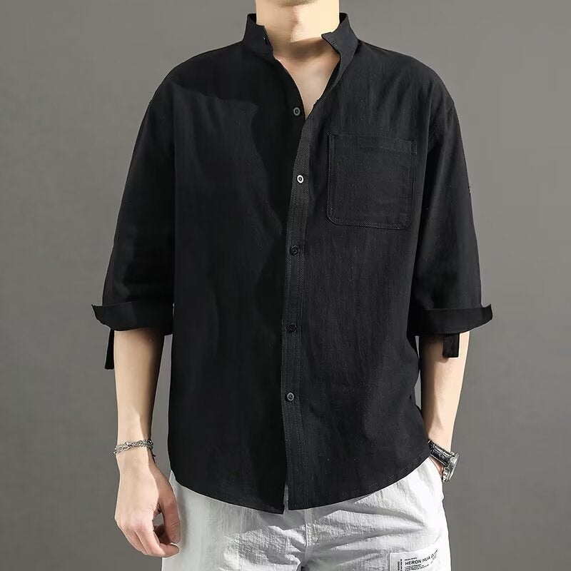 Plus Size Linen Short Sleeve Shirt Men Loose Fit Trendy Fat Man Extra Large Summer Cotton Linen Thin Quarter Sleeve Casual Shirt black  - Image 1