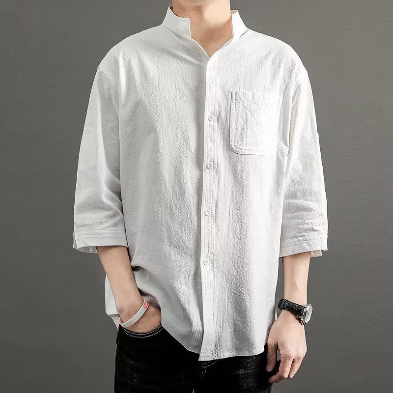 Plus Size Linen Short Sleeve Shirt Men Loose Fit Trendy Fat Man Extra Large Summer Cotton Linen Thin Quarter Sleeve Casual Shirt black  - Image 2