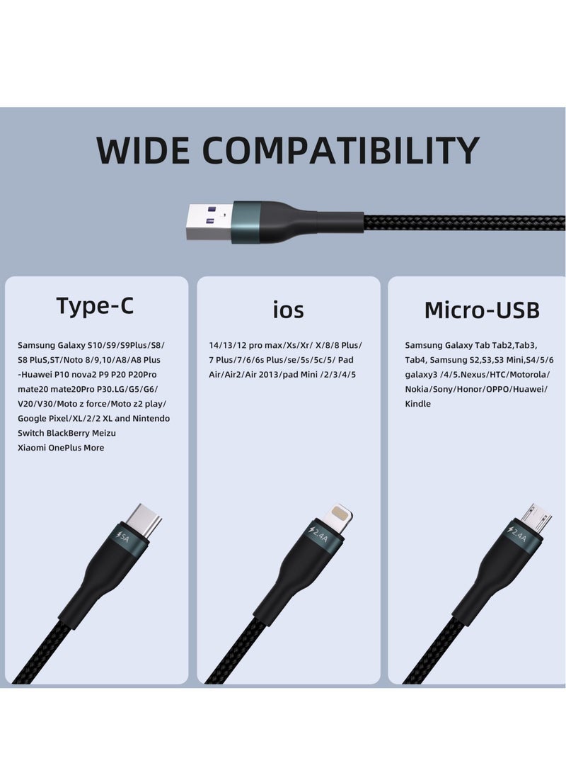 Captaintech 3-in-1 Multi Charging Cable, Rapid Nylon Braided Cord USB Charging Cable, USB Fast Charging Fixed Cable Connector, with Type-C, Micro USB and IP Port, for Home Office Daily Charging (4FT) - Image 2