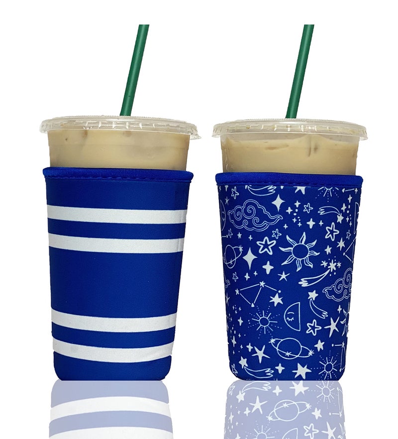 Baxendale and Co Reusable Neoprene Insulator Sleeves for Iced Coffee and Cold Drink Cups (2 PK Medium 22-24oz, Blue Wanderlust) - Image 1