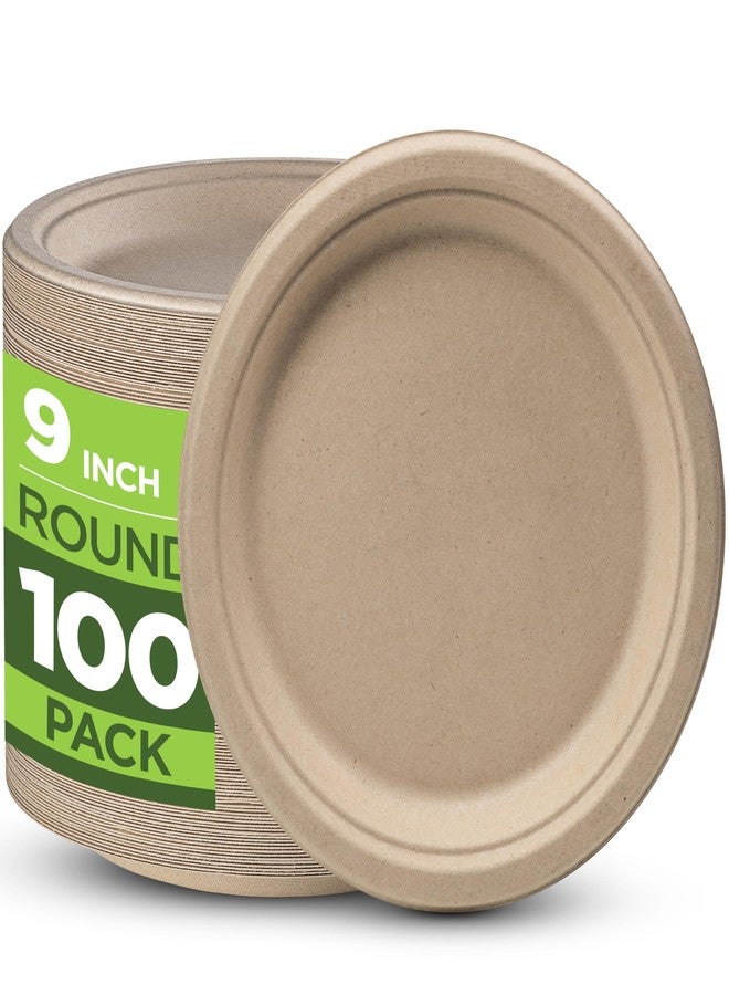 Munfix 100% Compostable Paper Plates Heavy Duty - 100 Pack Biodegradable Disposable Plates - 9” Brown Disposable Dinner Plates Made of Eco-Friendly, Natural Unbleached Sugarcane Bagasse, Microwavable Plates - Image 1