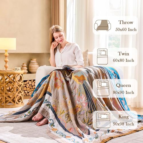 XIBLC Boho Blanket, 100% Cotton Farmhouse Decorative Throw Blanket, 90"x98" Reversible Bohemian Throw Blanket, Brown All Season Muslin Breathable Woven Blankets Quilt - Image 3