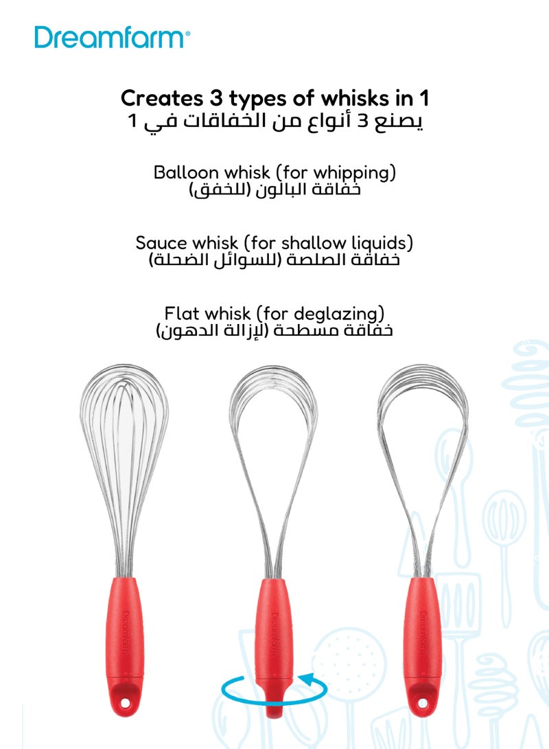 دريم فارم خفاق ٣ في ١ من الستانلس ستيل | خفاقة بالون وخفاقة صلصة وخفاقة مسطحة | تصميم قابل للطي والتخزين | لا يتشابك مع الأدوات | أحمر | آمن لغسالة الصحون | ٣٥ × ٨٫٥ × ٨ سم - Image 3