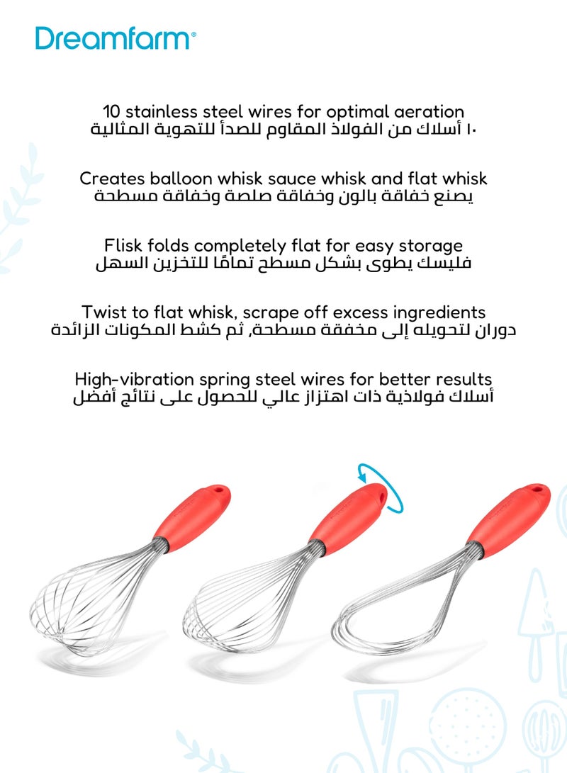 دريم فارم خفاق ٣ في ١ من الستانلس ستيل | خفاقة بالون وخفاقة صلصة وخفاقة مسطحة | تصميم قابل للطي والتخزين | لا يتشابك مع الأدوات | أحمر | آمن لغسالة الصحون | ٣٥ × ٨٫٥ × ٨ سم - Image 4