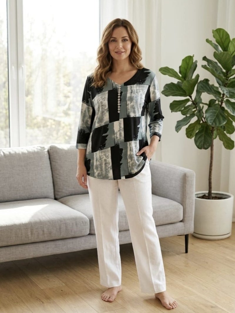 Women's Printed V-Neck Tunic Top 3/4 Sleeve Casual Blouse for Office and Daily Wear