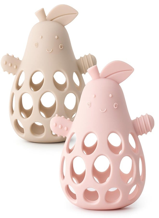 YIVEKO Baby Teething Toy Silicone Teether for Infants, Pear-Shaped Design with Easy-Grip Hole and Nipple-Shaped Ends for Gum Massage & Sensory Development, BPA-Free Safe Baby Chew Toy YIVEKO-Ivory+Blush - Image 1