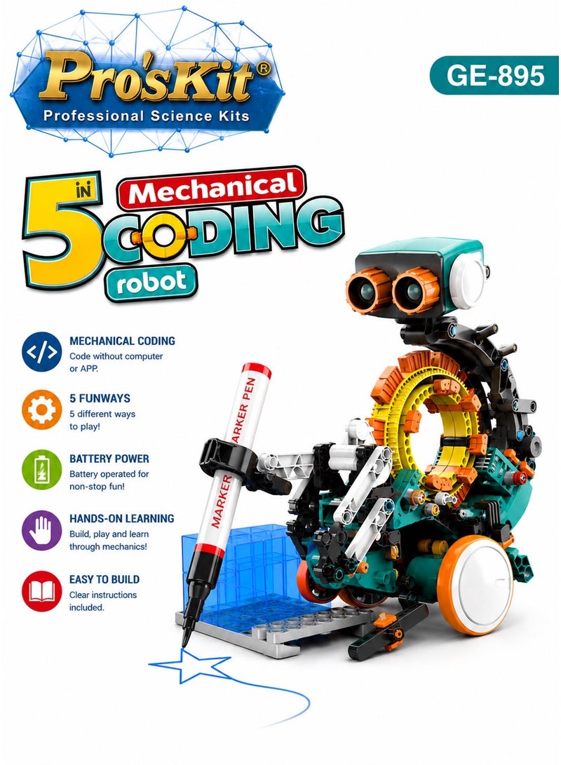 Pro'skit Pro’sKit GE-895 5-in-1 Mechanical Coding Robot – DIY STEM Gear Programming Robot Kit for Kids (200+ Parts, No Computer Needed) - Image 2