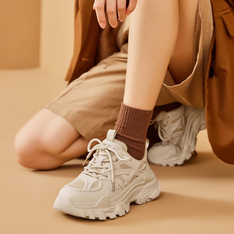 BEAU TODAY Chunky Sneakers for Women, Fashion Platform Sneakers Dad Shoes for Women, Casual Lace-up Walking Shoes Beige US 6 - Image 2