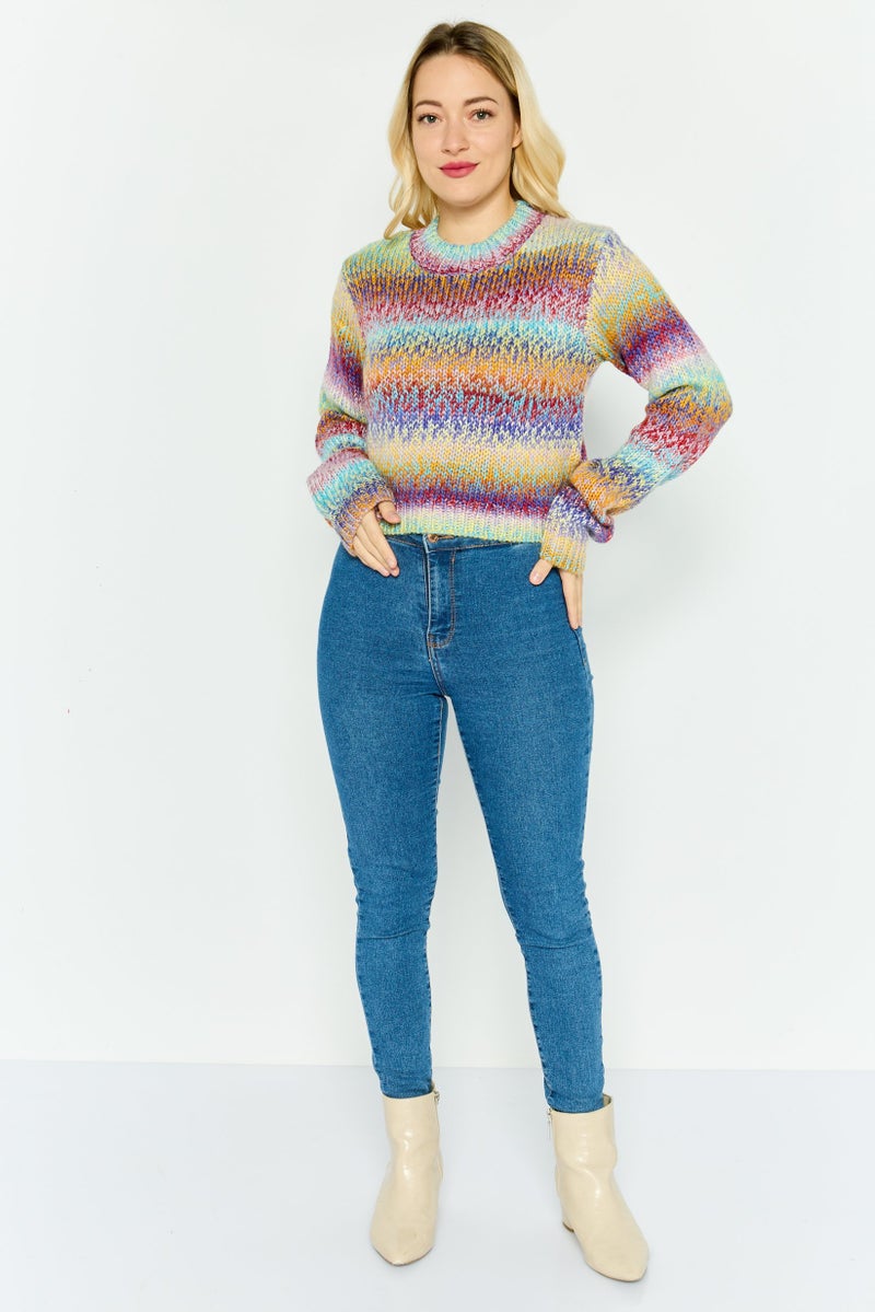 NIA Women Crew Neck Knitted Sweater, Red Combo - Image 2