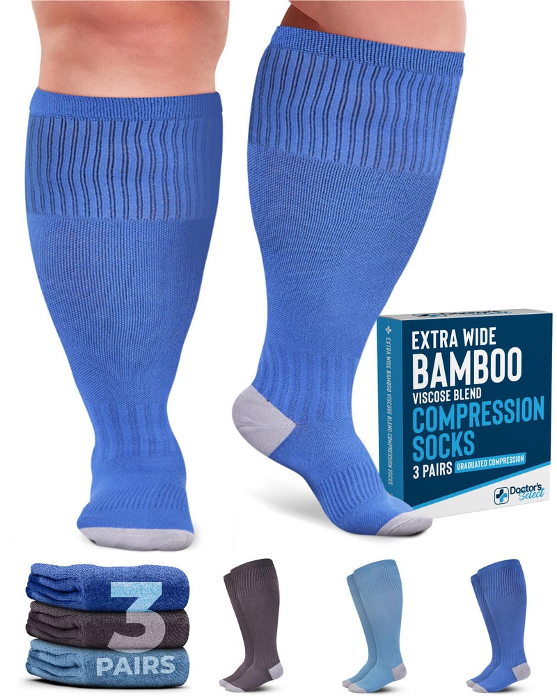 Doctor's Select 3 Pairs Plus Size Compression Socks Wide Calf | Bamboo Viscose Knee High Socks for Circulation Support | Nurses, Travel, Running | Blue, Teal, Dark Gray - Image 1