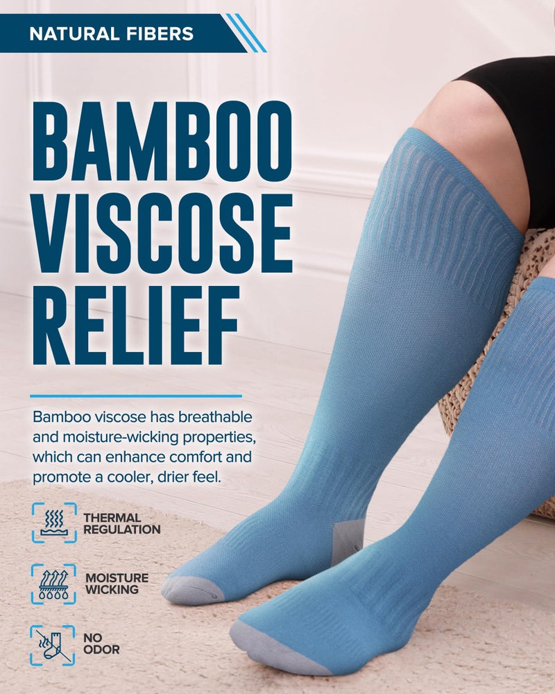 Doctor's Select 3 Pairs Plus Size Compression Socks Wide Calf | Bamboo Viscose Knee High Socks for Circulation Support | Nurses, Travel, Running | Blue, Teal, Dark Gray - Image 2