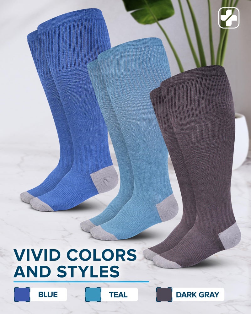 Doctor's Select 3 Pairs Plus Size Compression Socks Wide Calf | Bamboo Viscose Knee High Socks for Circulation Support | Nurses, Travel, Running | Blue, Teal, Dark Gray - Image 4