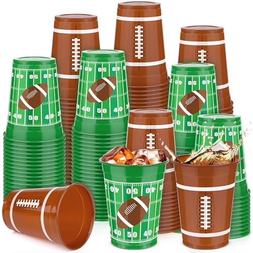Kochorie 120 Pcs Football Plastic Cups 16 oz Disposable Thick Green Brown Cocktail Drink Cup Bulk Party Supplies for Tailgate Party Favor Game Day Birthday Decoration Sports Themed Event in 2 Designs - Image 1