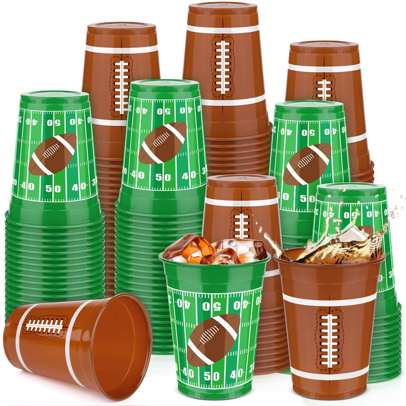 Kochorie 120 Pcs Football Plastic Cups 16 oz Disposable Thick Green Brown Cocktail Drink Cup Bulk Party Supplies for Tailgate Party Favor Game Day Birthday Decoration Sports Themed Event in 2 Designs - Image 2