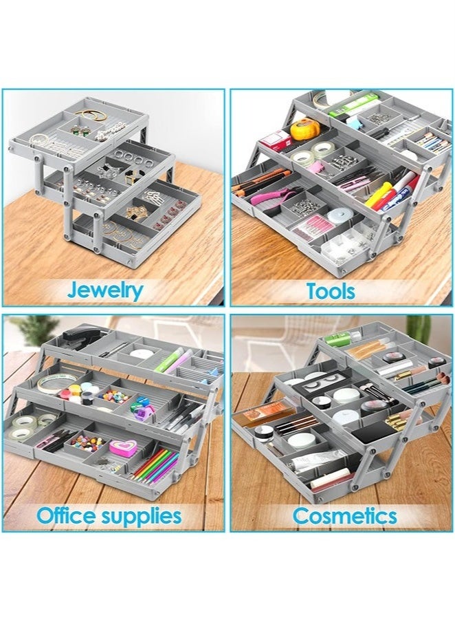 عربست منظم أدراج من 3 طبقات، منظم أدراج ذكي متعدد المستويات للمكتب، منظم أدراج ذكي متعدد المستويات للمكتب، منظم خردة قابل للتوسيع للمكتب، والمكياج، والمجوهرات، والمطبخ، منظم تخزين قابل للطي للأدراج المنزلية والمكتبية - Image 3