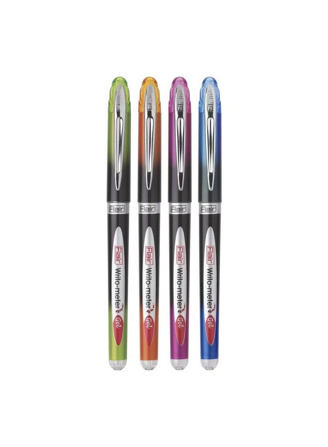 FLAIR Writometer Gel Pen Box Pack | Stainless Steel Tip | Our Longest Writing Pens | Writes Upto 1,200 Meters | Ensures Smoothness & Durability | Blue Ink, Pack of 4 - Image 1