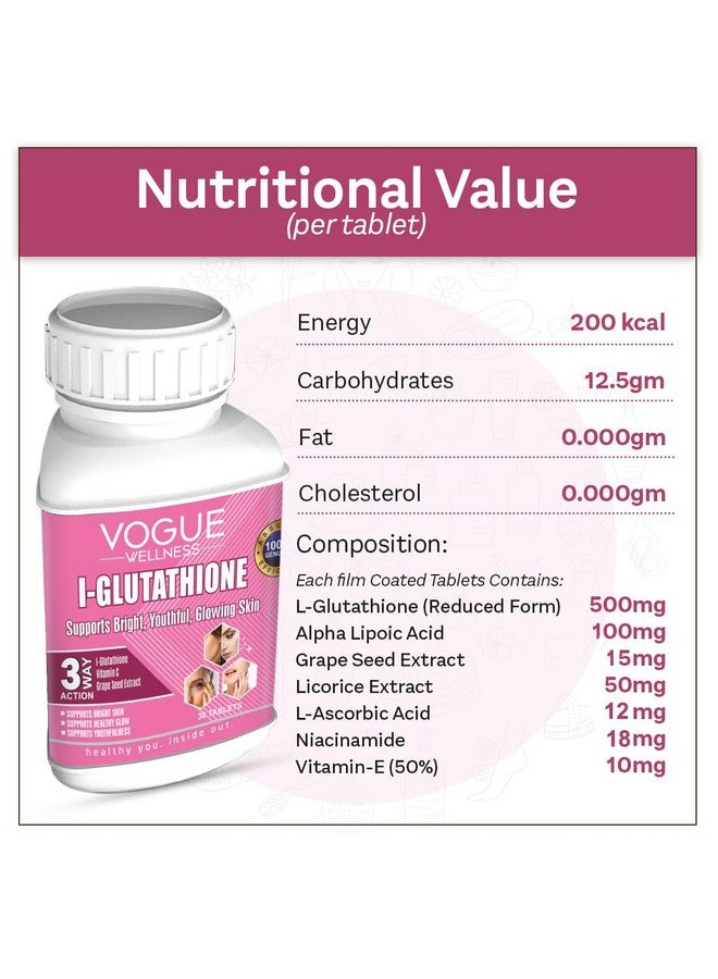 Vogue Wellness L-Glutathione 500mg Tablets with Vitamin C & E - Skin Brightening, Antioxidant Support, Reduces Pigmentation - 30 Tablets - Image 3