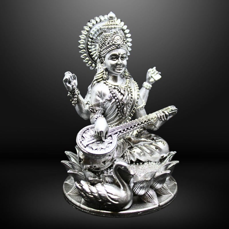 NEEANN Saraswati Devi Idol 45 Material Polystone Statuen Painted Brass Antique Silver White Finish Veena Vadini Maa Saraswati Murti Vasant Panchami for Home Office Decor Antique Silver - Image 1