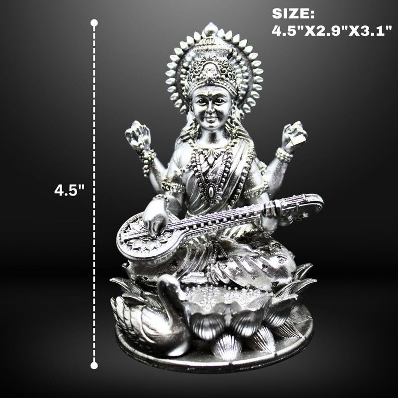 NEEANN Saraswati Devi Idol 45 Material Polystone Statuen Painted Brass Antique Silver White Finish Veena Vadini Maa Saraswati Murti Vasant Panchami for Home Office Decor Antique Silver - Image 2