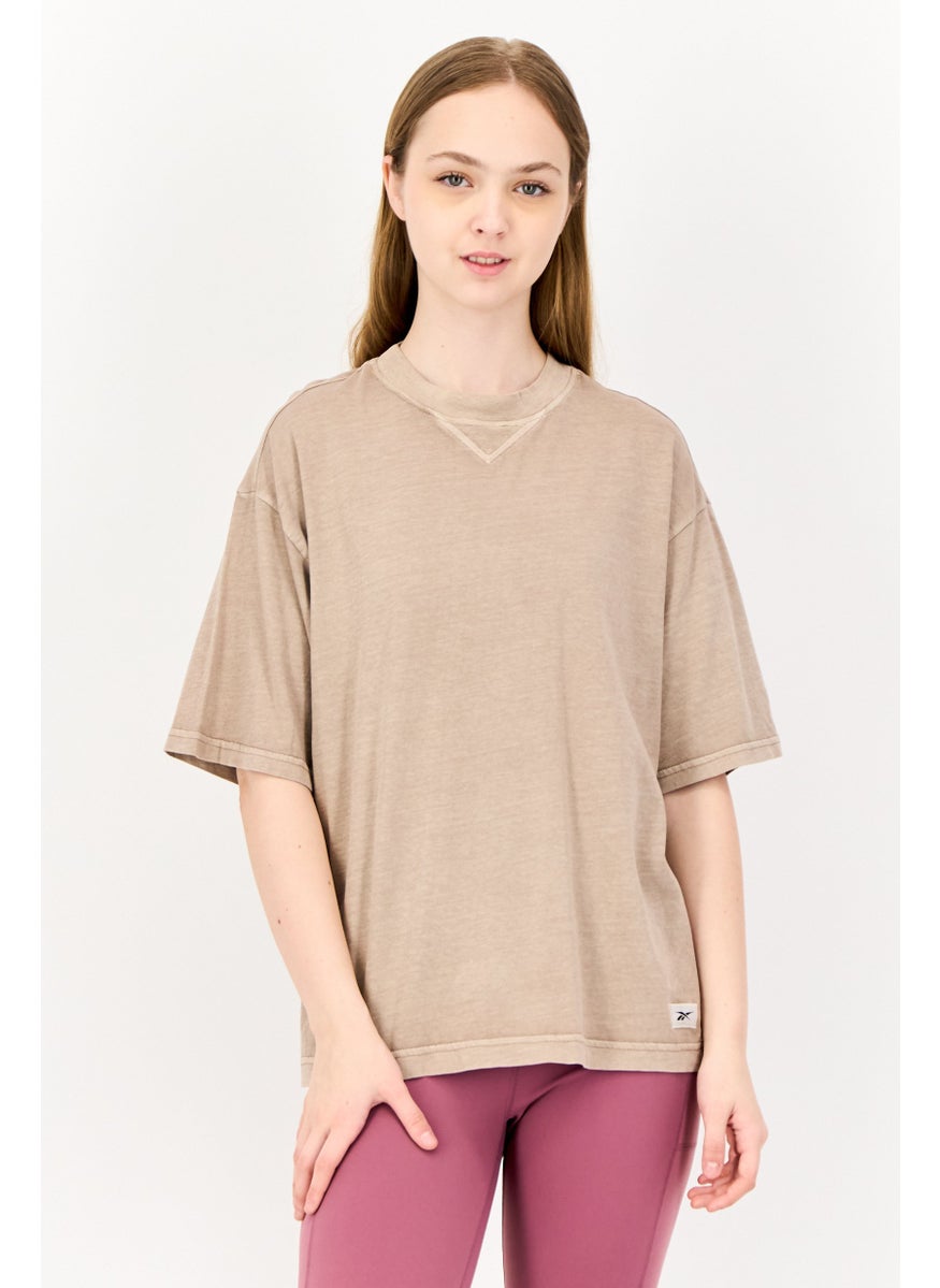 Reebok Women Sportswear Fit Brand Logo Short Sleeves Outdoor T-Shirt, Taupe  - Image 1