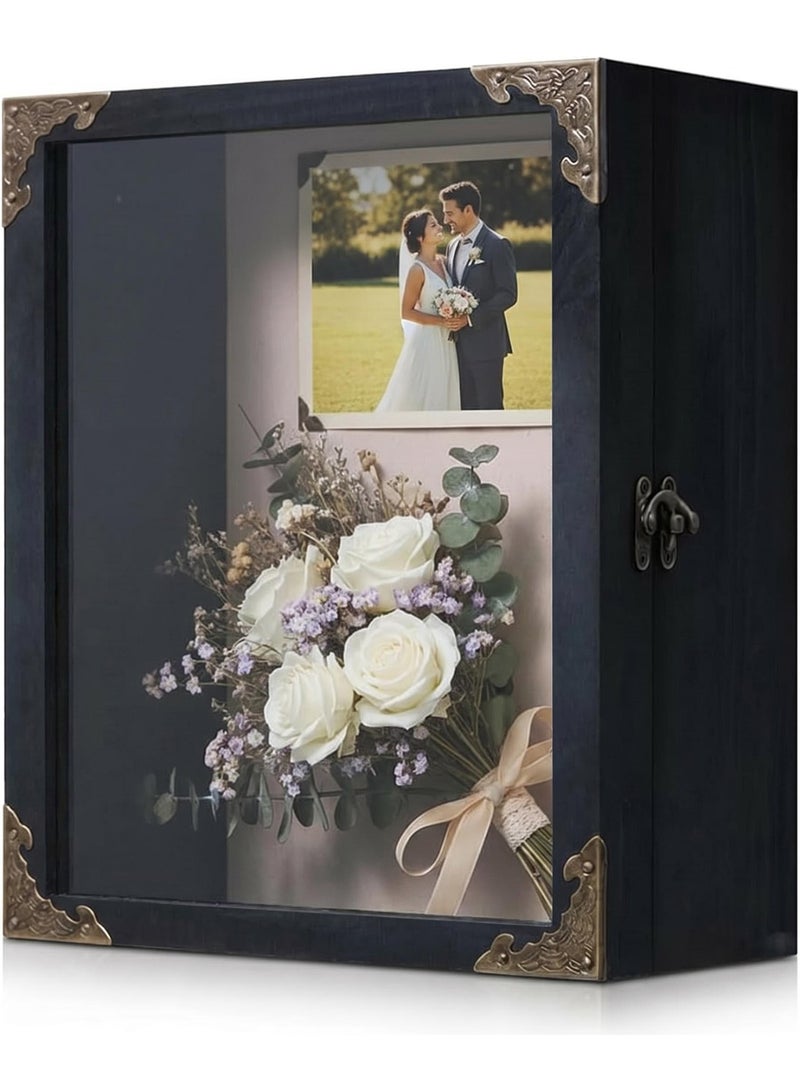 Shadow Box Frame 20.5x25.5cm, 12cm Deep Display Case, with Vintage Metal Accents, Glass Door, Linen Back, for Medals, Photos, Wedding Keepsakes (Black-8x10 in) - Image 1