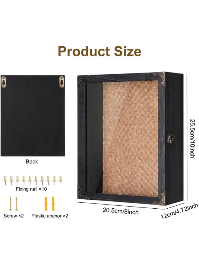 Shadow Box Frame 20.5x25.5cm, 12cm Deep Display Case, with Vintage Metal Accents, Glass Door, Linen Back, for Medals, Photos, Wedding Keepsakes (Black-8x10 in) - Image 2