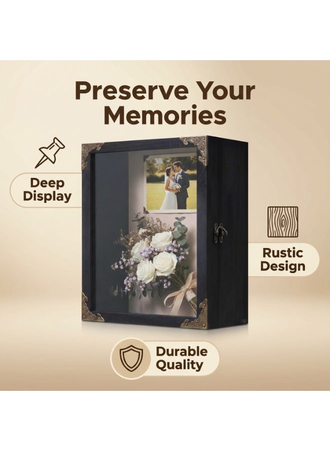 Shadow Box Frame 20.5x25.5cm, 12cm Deep Display Case, with Vintage Metal Accents, Glass Door, Linen Back, for Medals, Photos, Wedding Keepsakes (Black-8x10 in) - Image 3