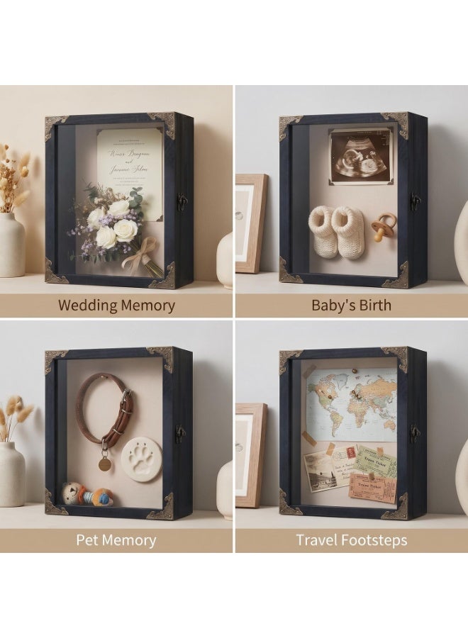 Shadow Box Frame 20.5x25.5cm, 12cm Deep Display Case, with Vintage Metal Accents, Glass Door, Linen Back, for Medals, Photos, Wedding Keepsakes (Black-8x10 in) - Image 5